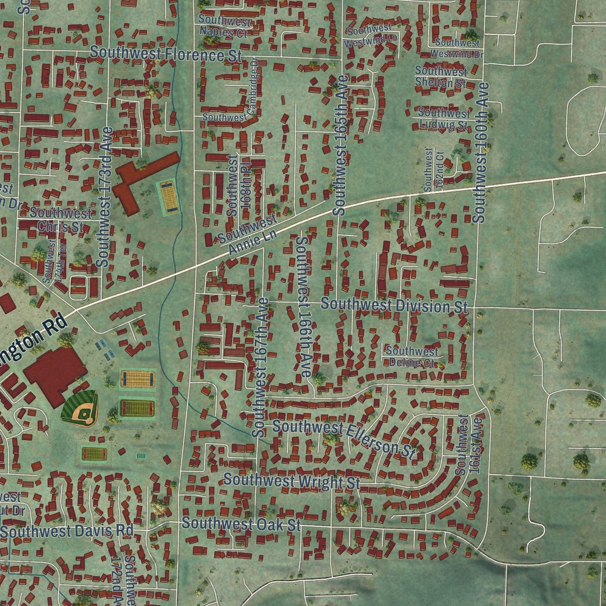 Second close-up of the map of Aloha, Oregon print showing more streets and buildings