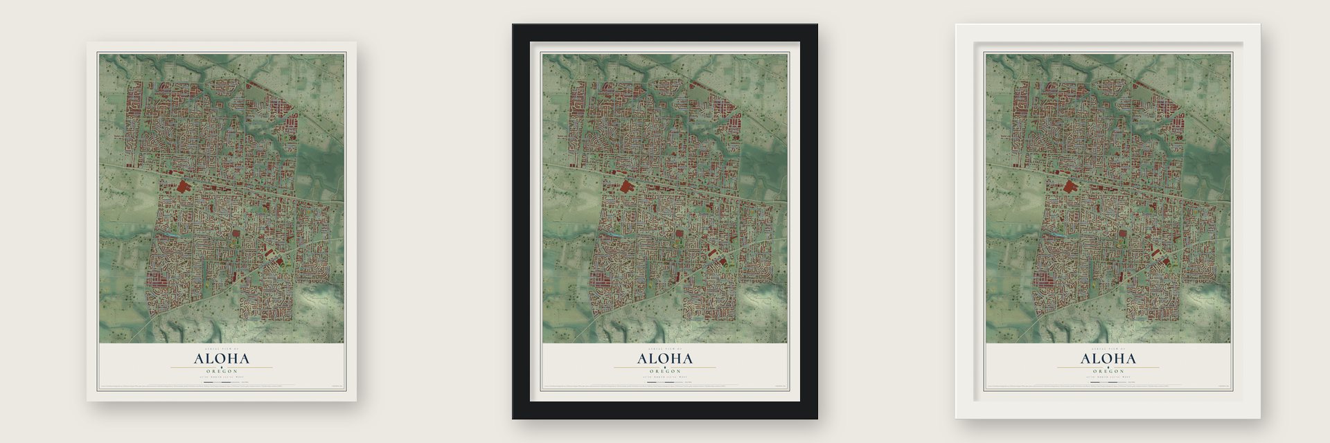 Aloha, Oregon map unframed, in a black wood frame and in a white wood frame