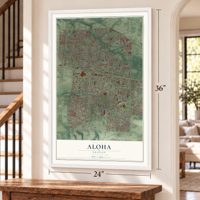 Aloha, Oregon map, 24 x 36 inch print in a white frame by a staircase