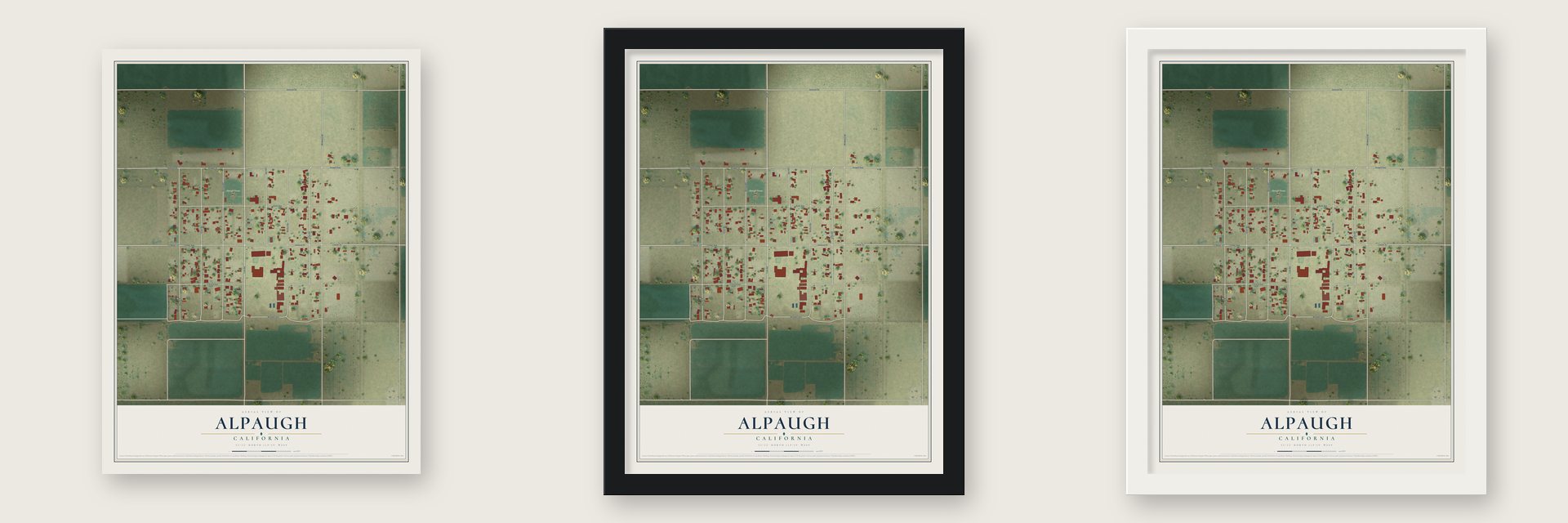 Alpaugh, California map unframed, in a black wood frame and in a white wood frame
