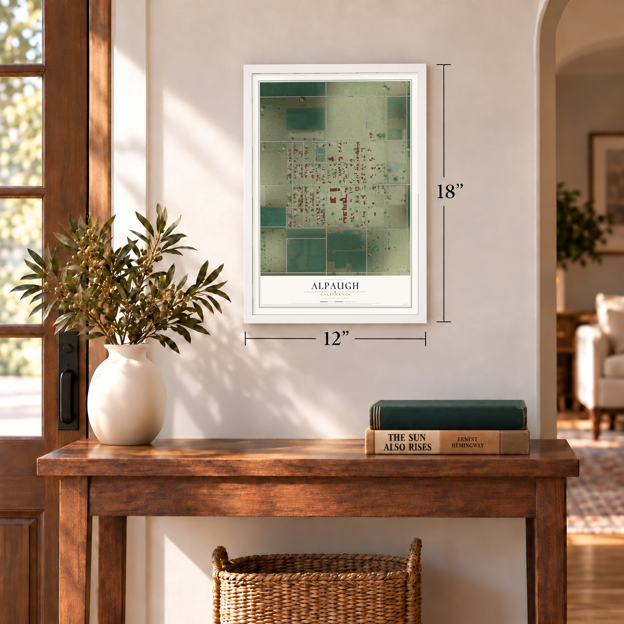 Alpaugh, California map, 12 x 18 inch print in a white frame in an entryway