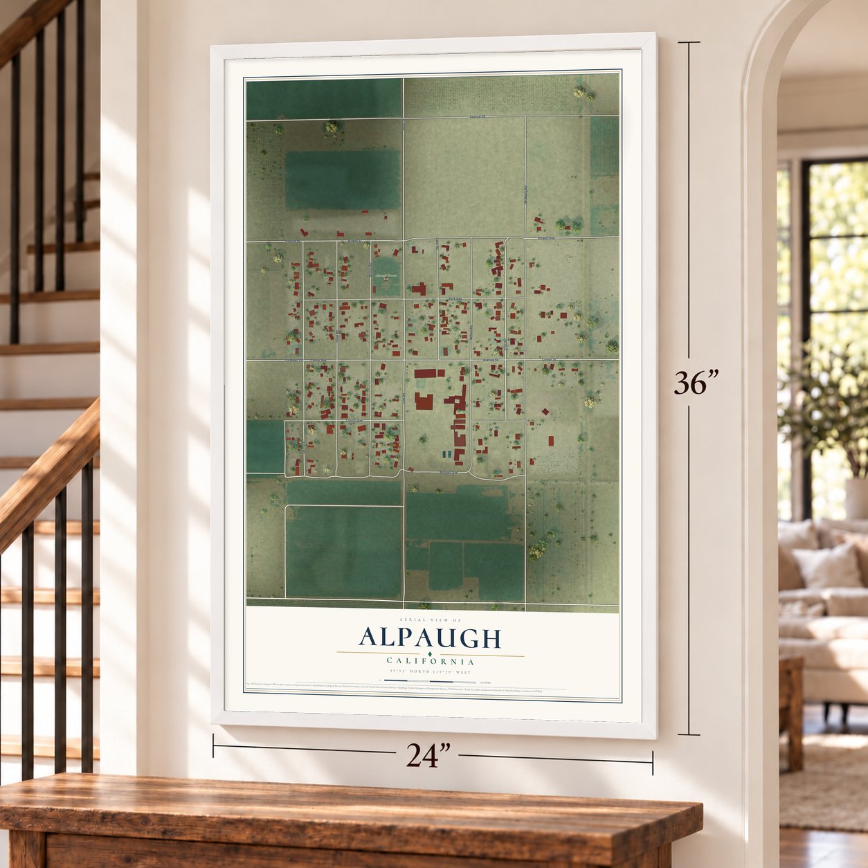 Alpaugh, California map, 24 x 36 inch print in a white frame by a staircase