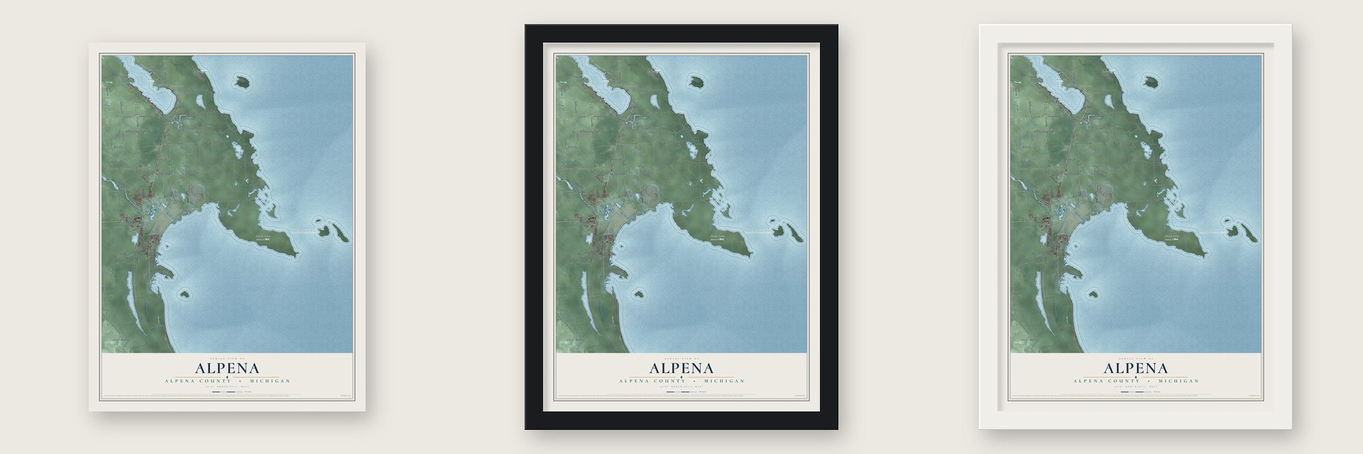 Alpena, Alpena County, Michigan map unframed, in a black wood frame and in a white wood frame