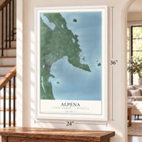 Alpena, Alpena County, Michigan map, 24 x 36 inch print in a white frame by a staircase