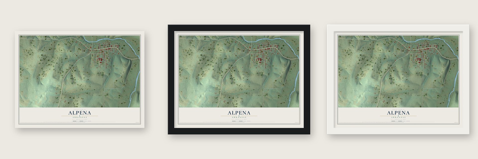 Alpena, Arkansas map unframed, in a black wood frame and in a white wood frame