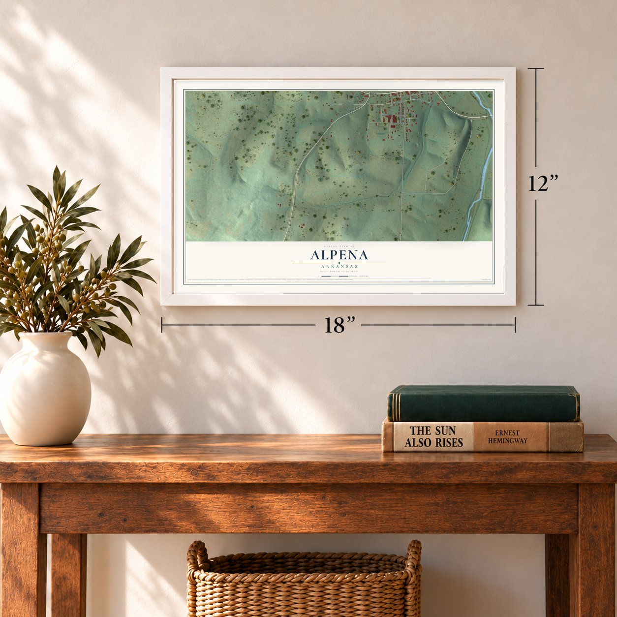 Alpena, Arkansas map, 12 x 18 inch print in a white frame in an entryway