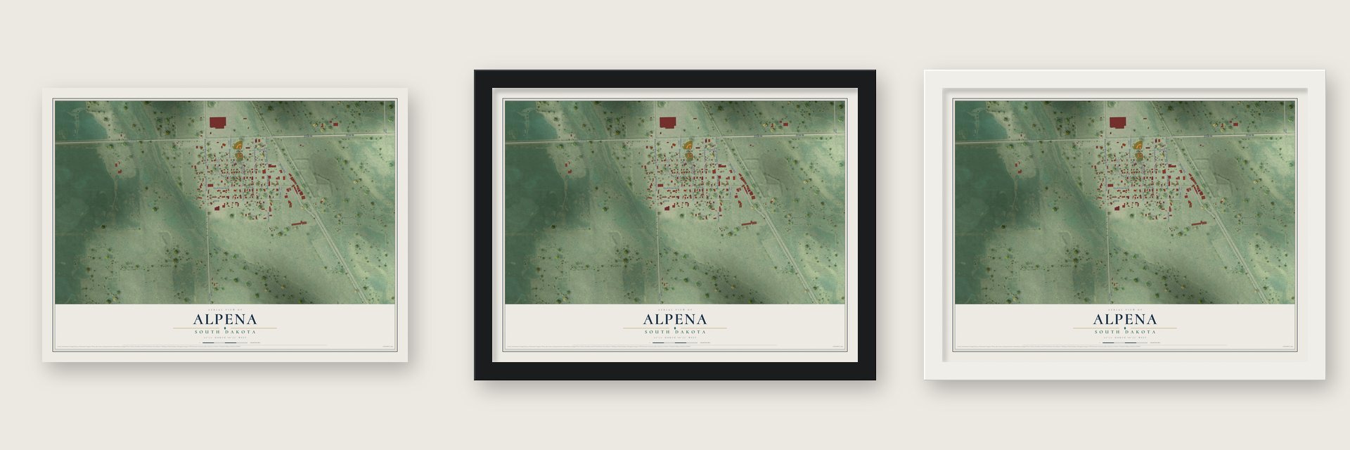 Alpena, South Dakota map unframed, in a black wood frame and in a white wood frame