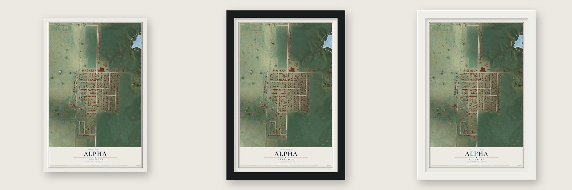 Alpha, Illinois map unframed, in a black wood frame and in a white wood frame