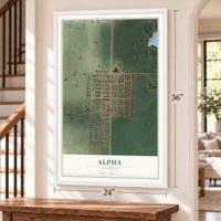 Alpha, Illinois map, 24 x 36 inch print in a white frame by a staircase