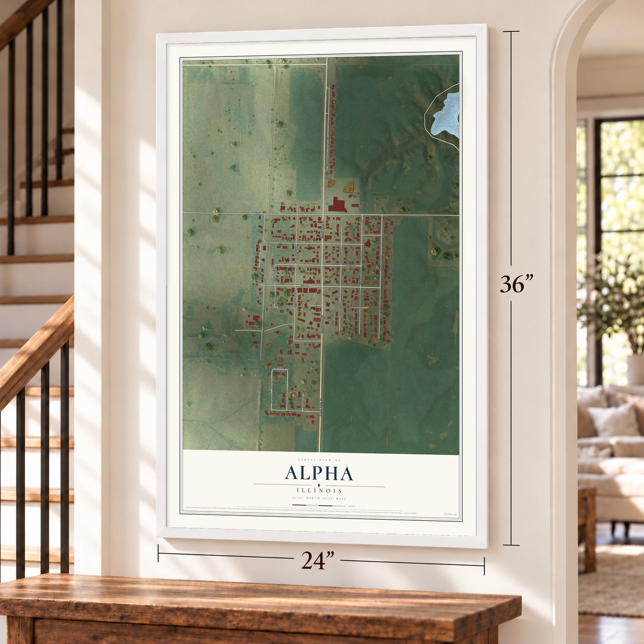 Alpha, Illinois map, 24 x 36 inch print in a white frame by a staircase
