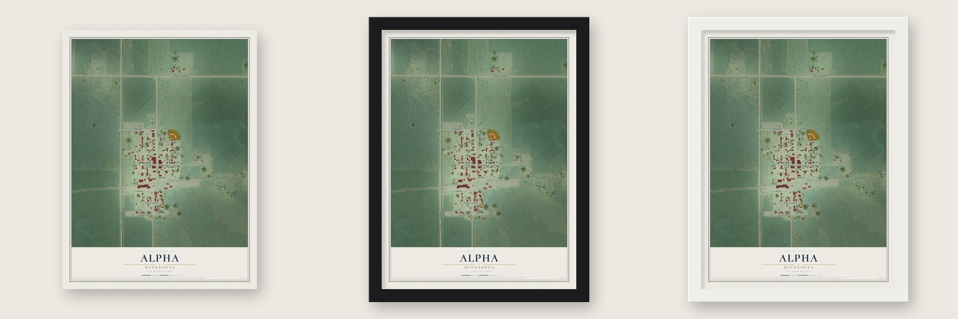Alpha, Minnesota map unframed, in a black wood frame and in a white wood frame