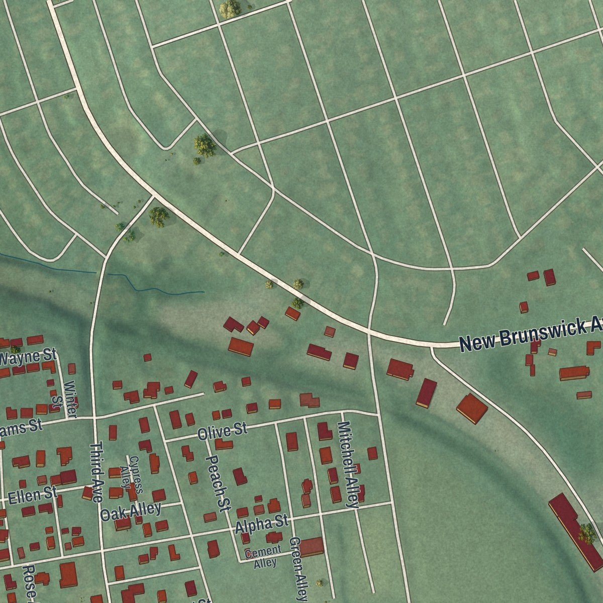 Second close-up of the map of Alpha, New Jersey print showing more streets and buildings