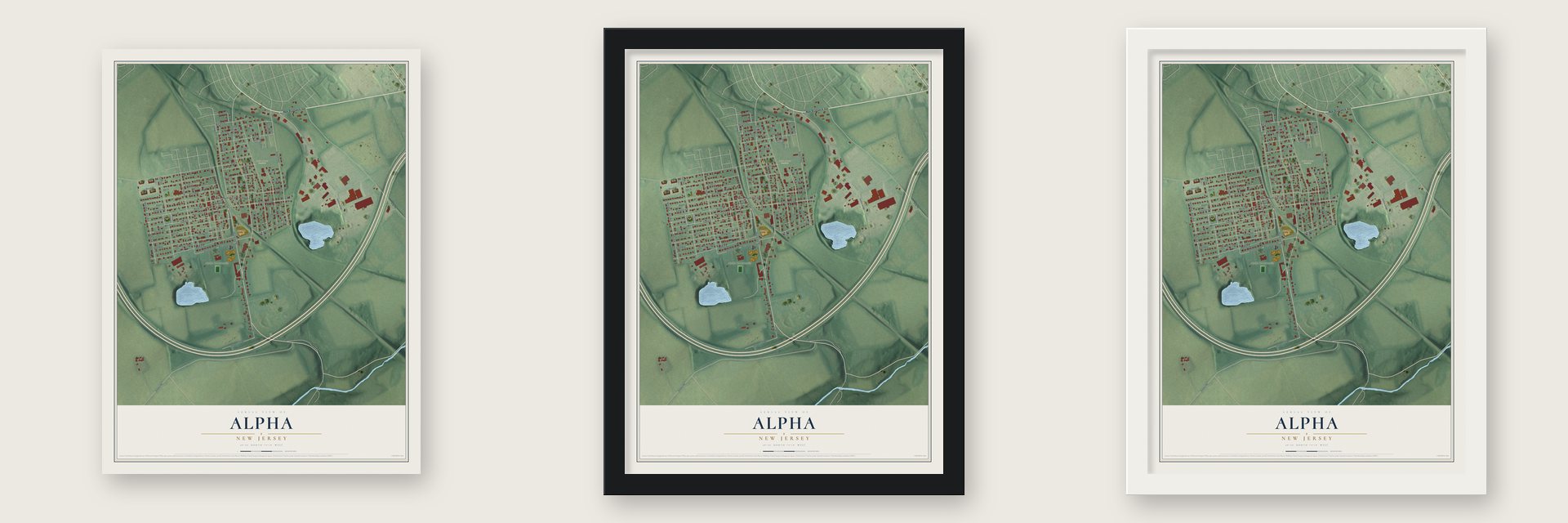 Alpha, New Jersey map unframed, in a black wood frame and in a white wood frame