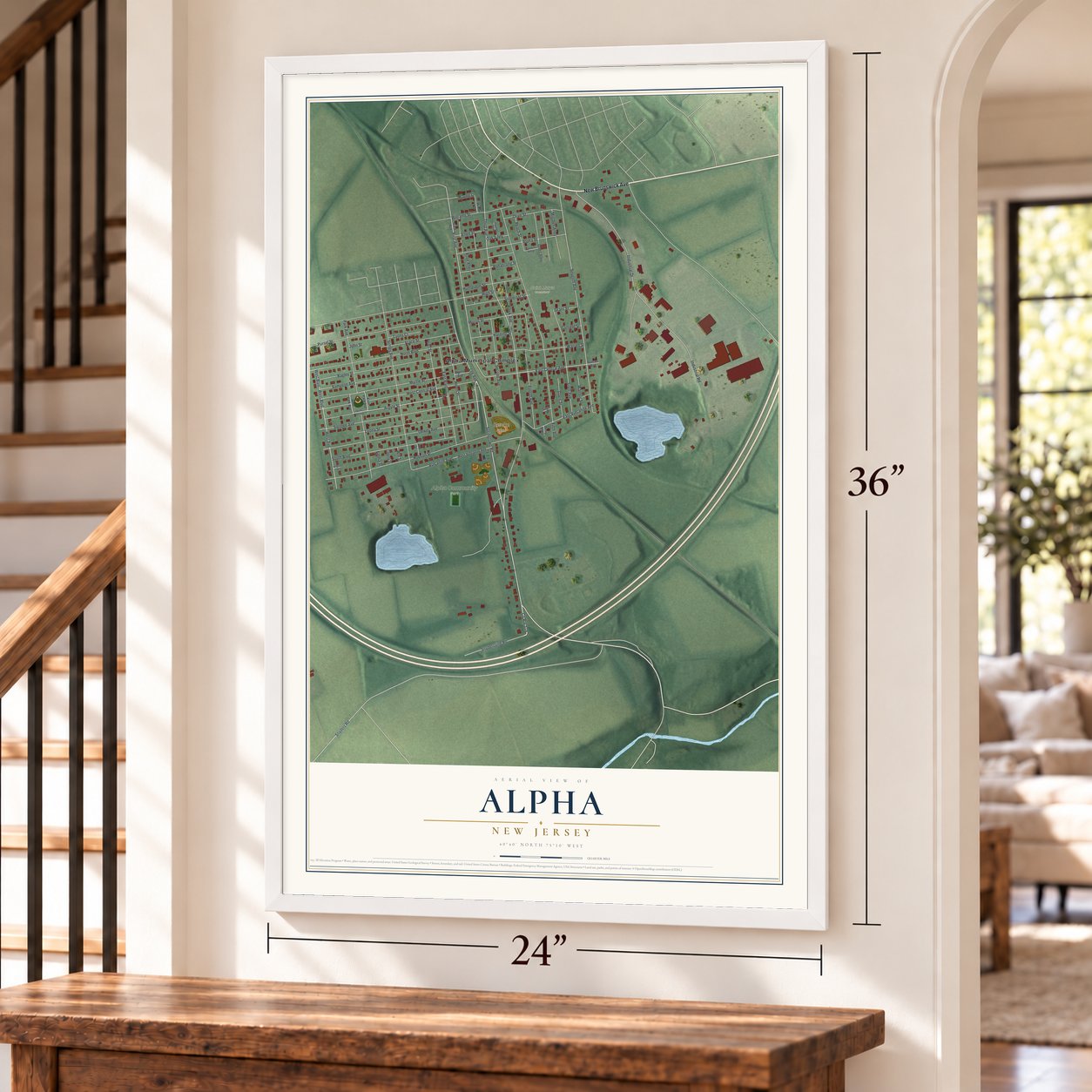 Alpha, New Jersey map, 24 x 36 inch print in a white frame by a staircase