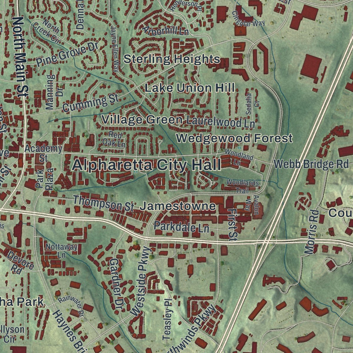 Second close-up of the map of Alpharetta, Georgia print showing more streets and buildings