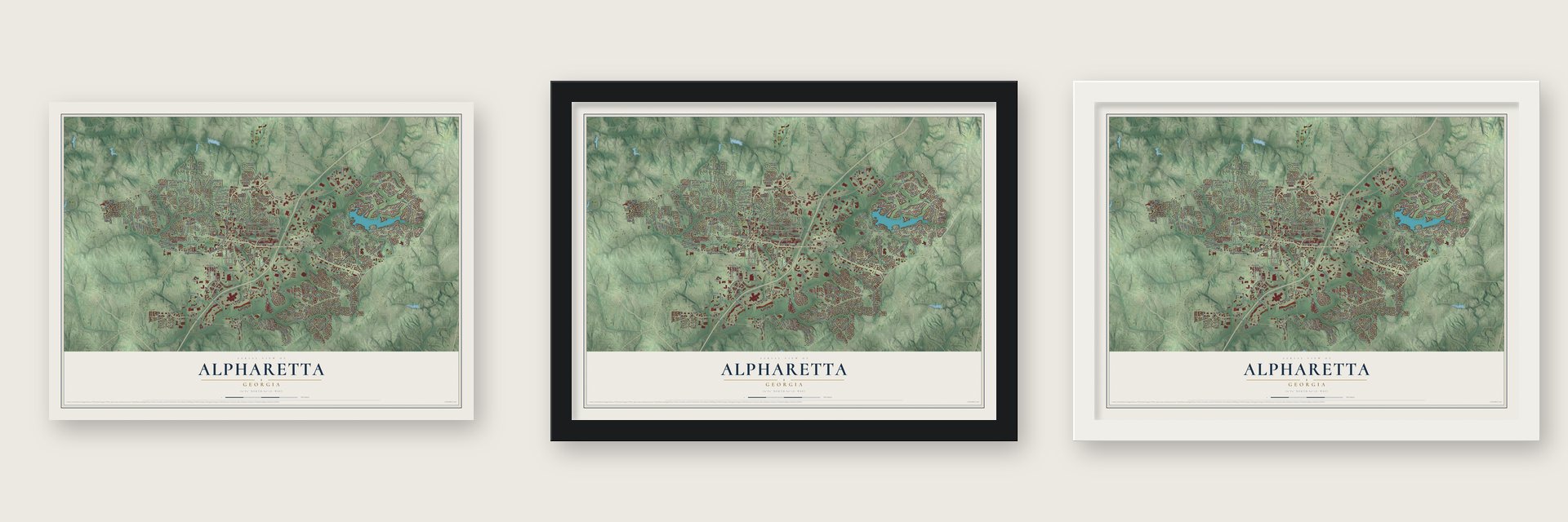 Alpharetta, Georgia map unframed, in a black wood frame and in a white wood frame