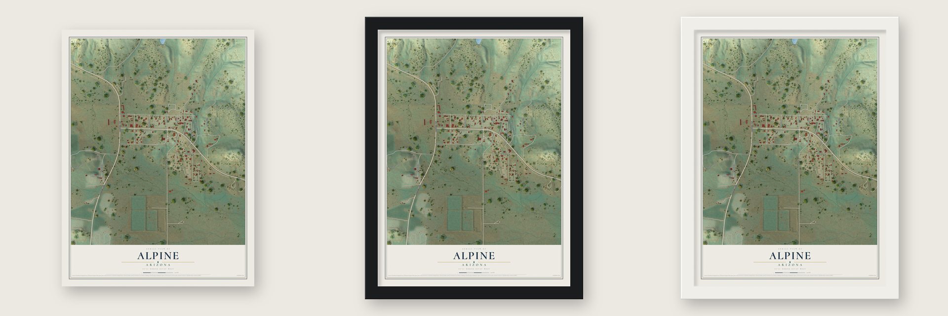 Alpine, Arizona map unframed, in a black wood frame and in a white wood frame