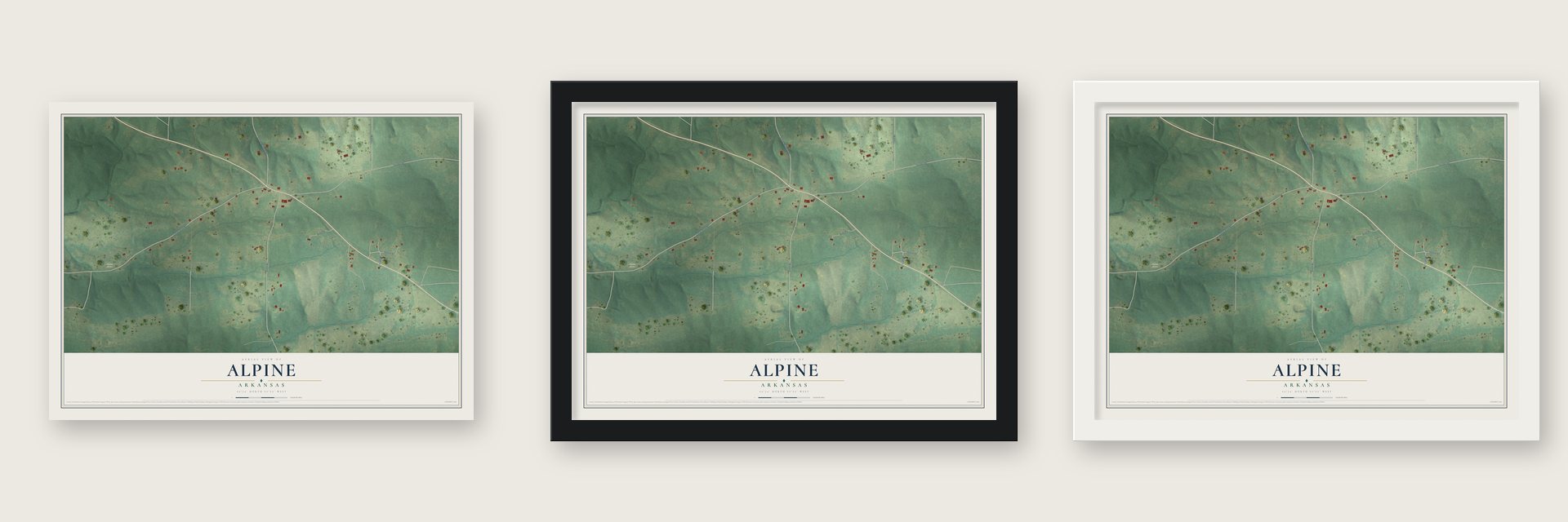 Alpine, Arkansas map unframed, in a black wood frame and in a white wood frame