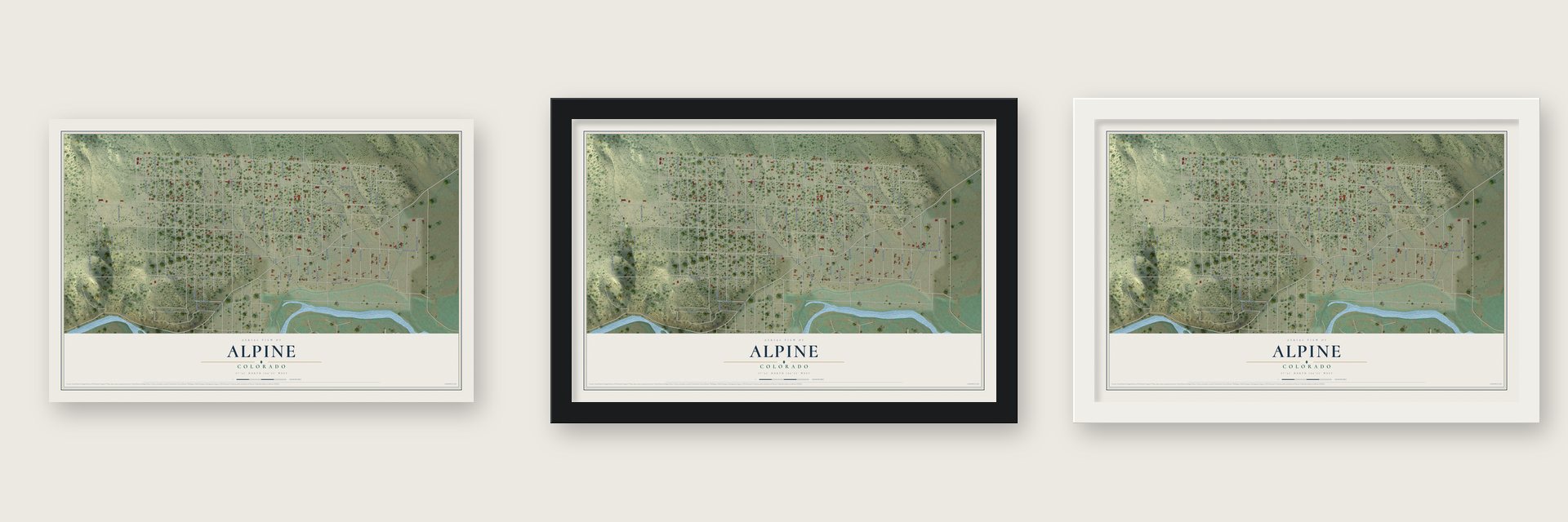 Alpine, Colorado map unframed, in a black wood frame and in a white wood frame