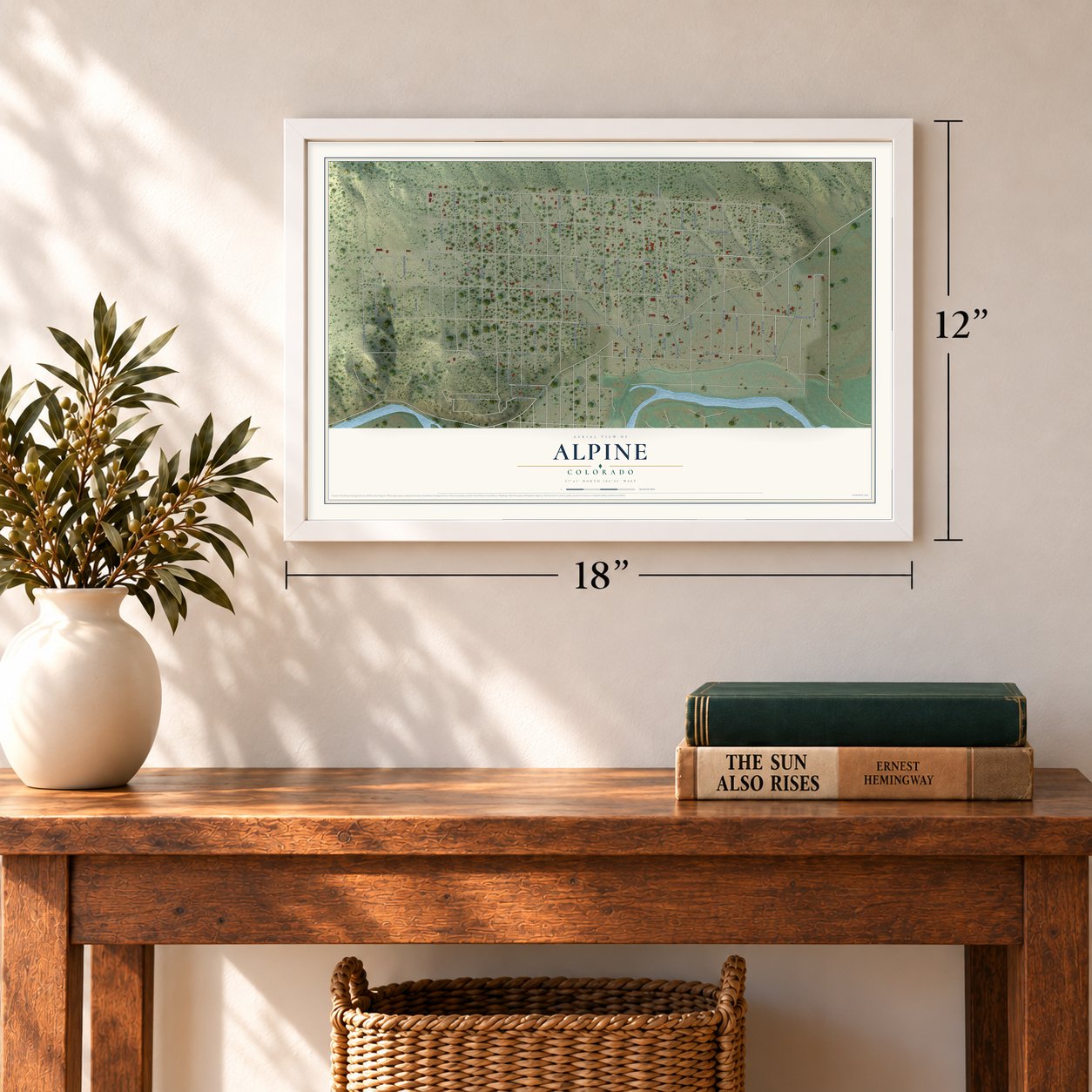 Alpine, Colorado map, 12 x 18 inch print in a white frame in an entryway