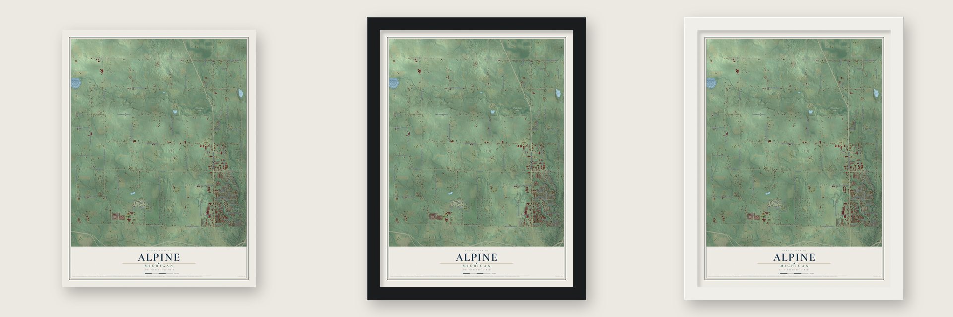 Alpine, Michigan map unframed, in a black wood frame and in a white wood frame