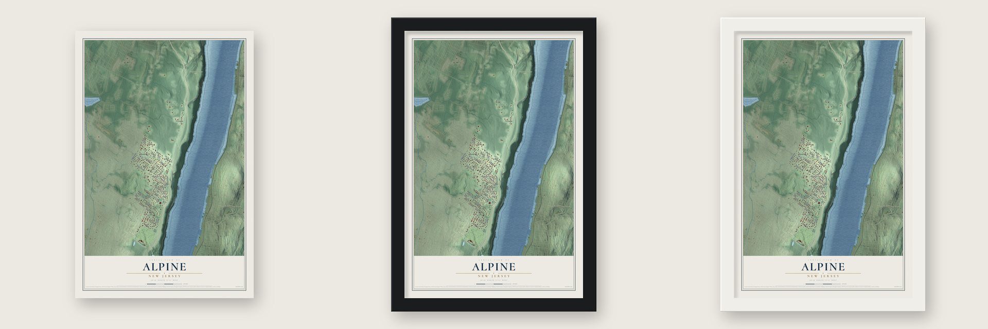 Alpine, New Jersey map unframed, in a black wood frame and in a white wood frame