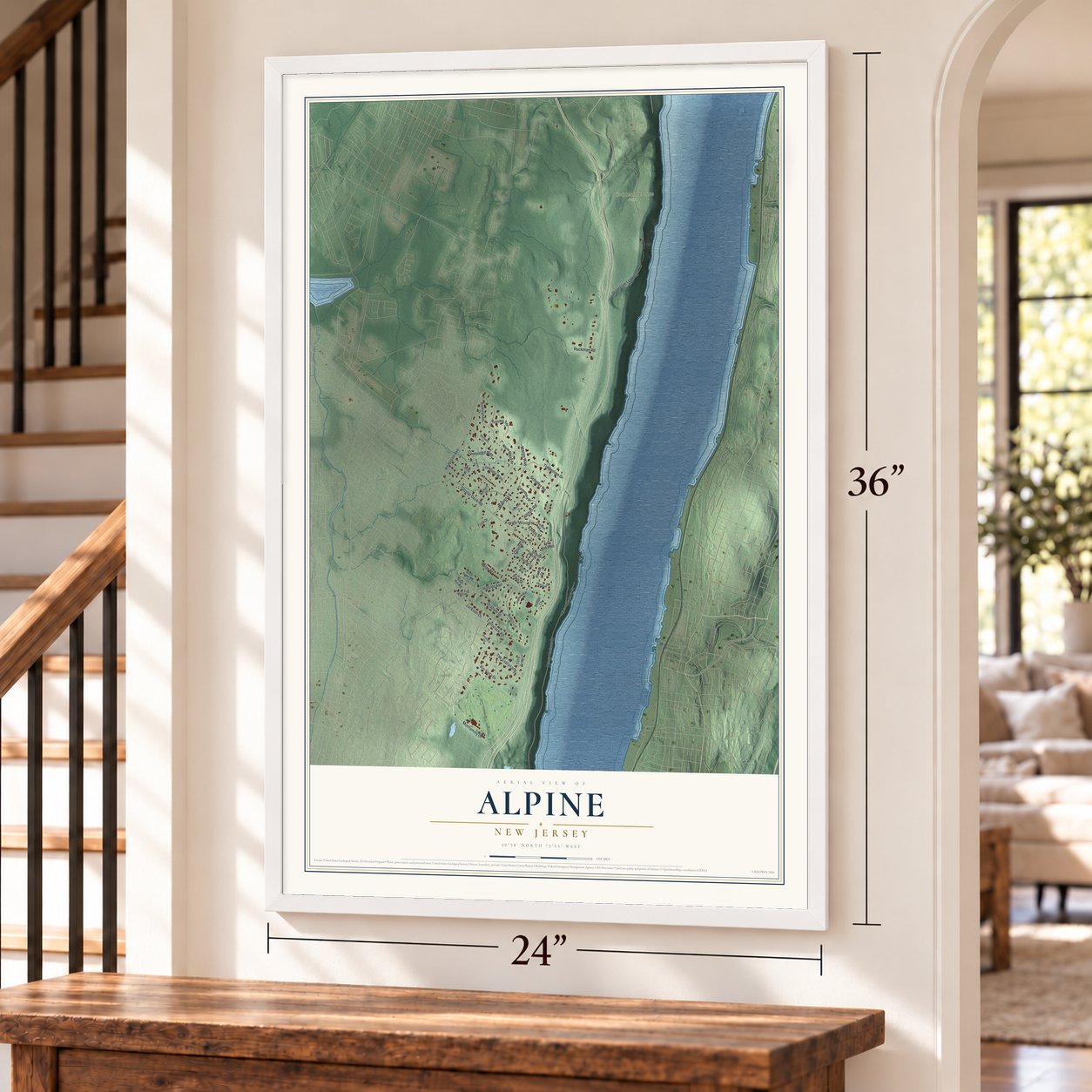 Alpine, New Jersey map, 24 x 36 inch print in a white frame by a staircase