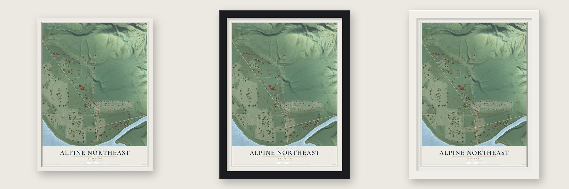 Alpine Northeast, Wyoming map unframed, in a black wood frame and in a white wood frame
