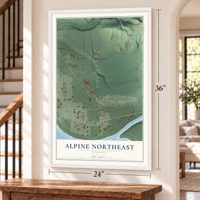 Alpine Northeast, Wyoming map, 24 x 36 inch print in a white frame by a staircase