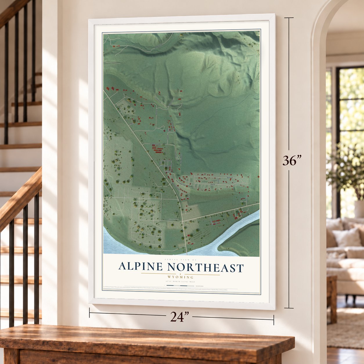 Alpine Northeast, Wyoming map, 24 x 36 inch print in a white frame by a staircase