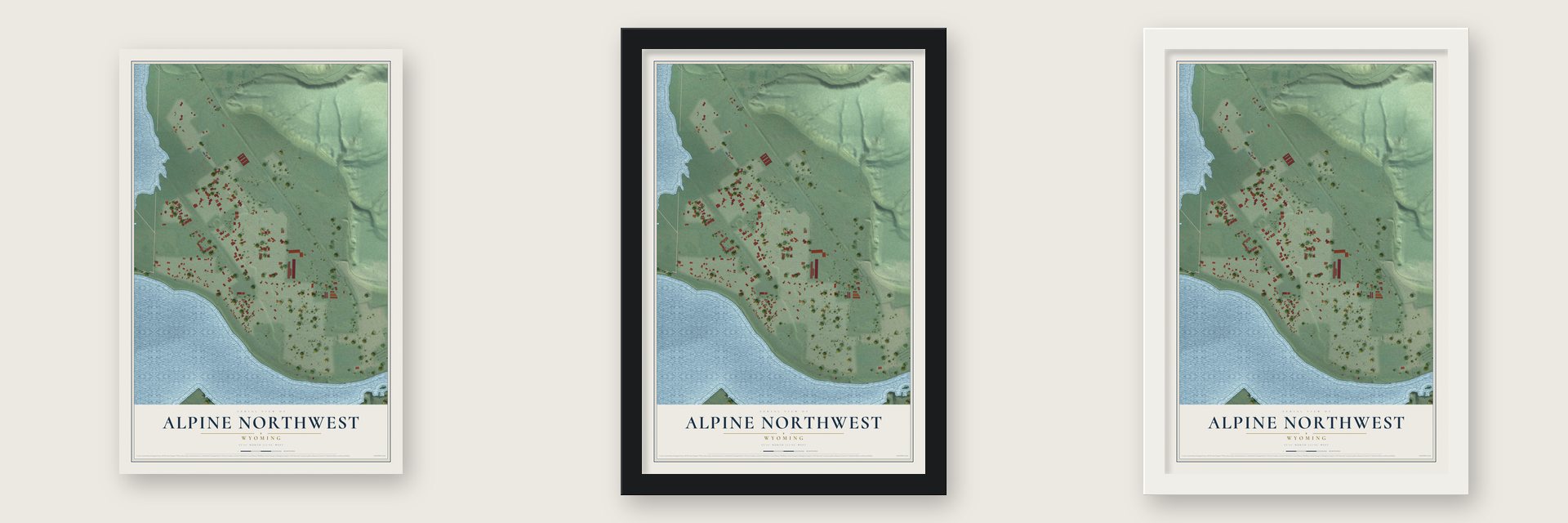 Alpine Northwest, Wyoming map unframed, in a black wood frame and in a white wood frame