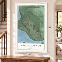 Alpine Northwest, Wyoming map, 24 x 36 inch print in a white frame by a staircase