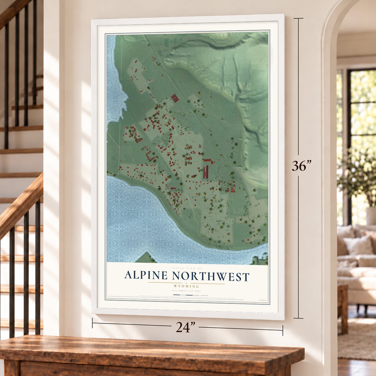 Alpine Northwest, Wyoming map, 24 x 36 inch print in a white frame by a staircase