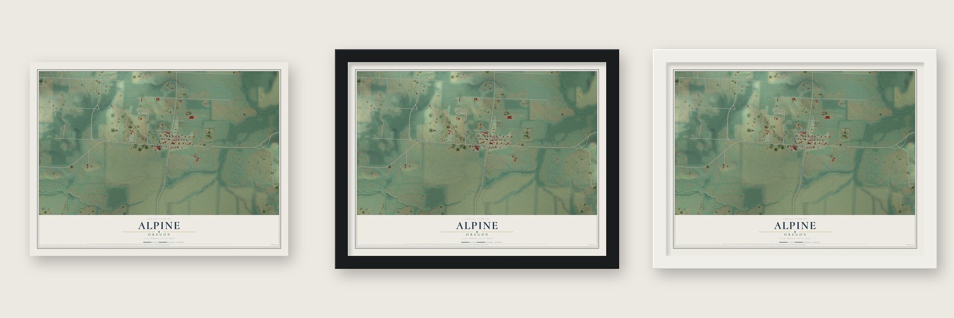 Alpine, Oregon map unframed, in a black wood frame and in a white wood frame