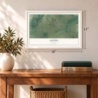 Alpine, Oregon map, 12 x 18 inch print in a white frame in an entryway