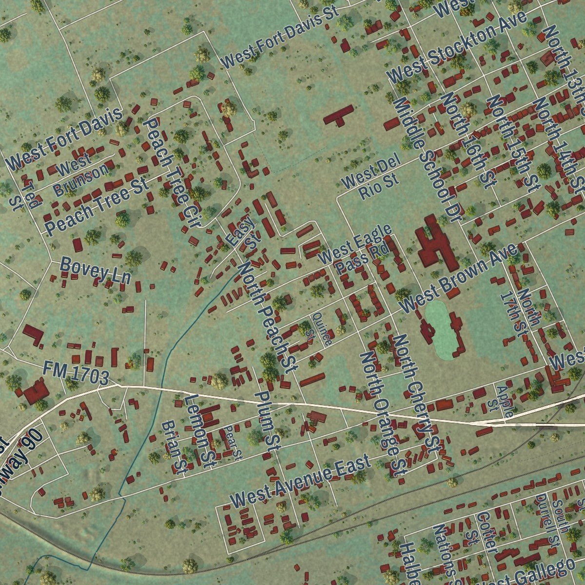 Second close-up of the map of Alpine, Texas print showing more streets and buildings