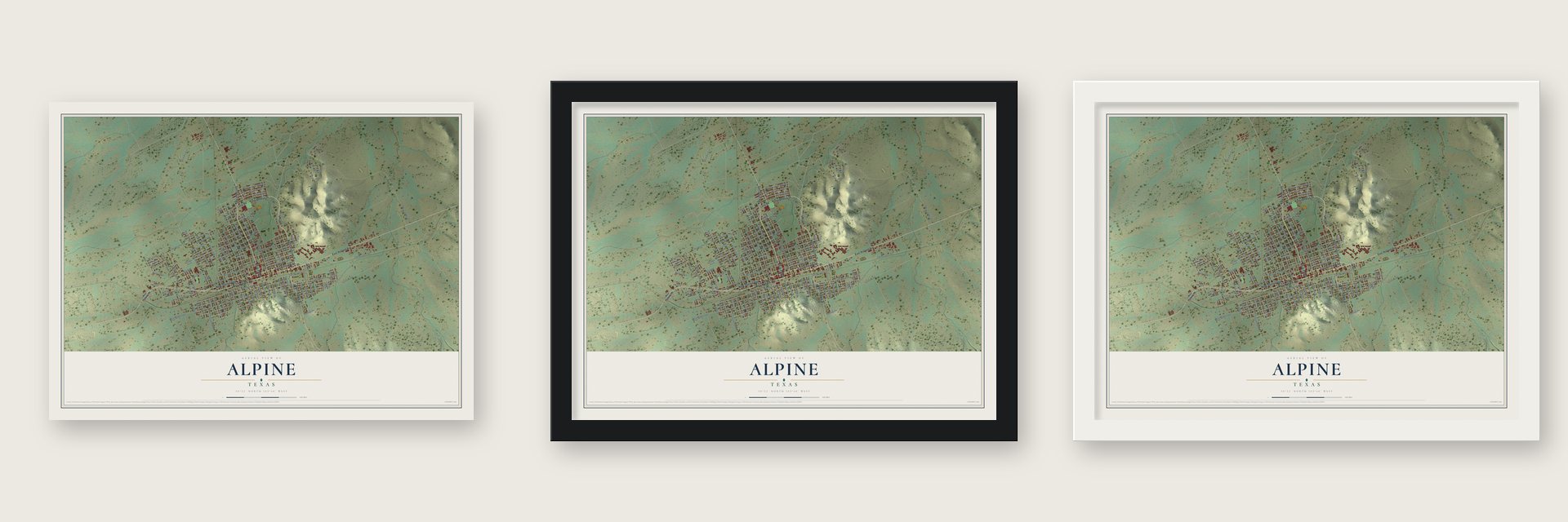 Alpine, Texas map unframed, in a black wood frame and in a white wood frame