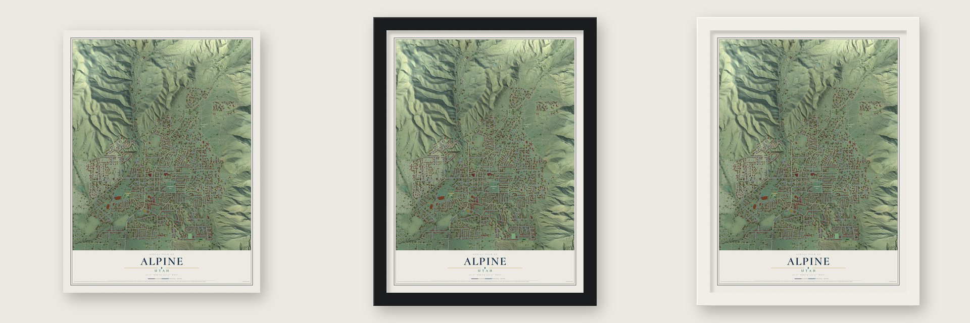 Alpine, Utah map unframed, in a black wood frame and in a white wood frame