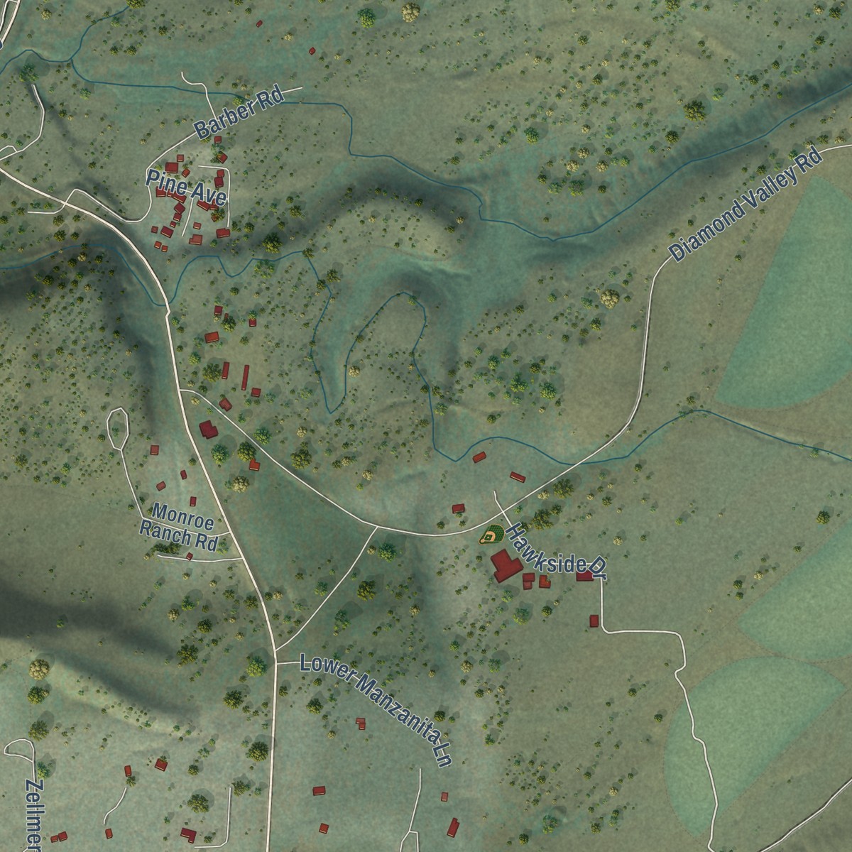 Second close-up of the map of Alpine Village, California print showing more streets and buildings