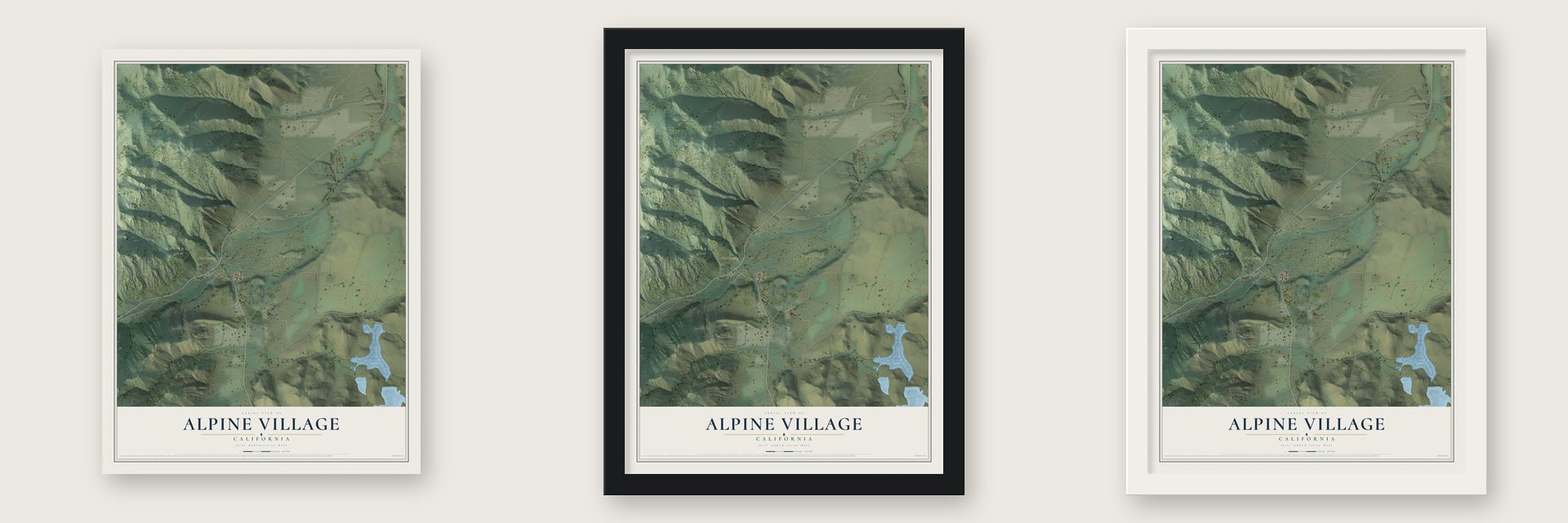 Alpine Village, California map unframed, in a black wood frame and in a white wood frame