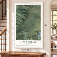 Alpine Village, California map, 24 x 36 inch print in a white frame by a staircase
