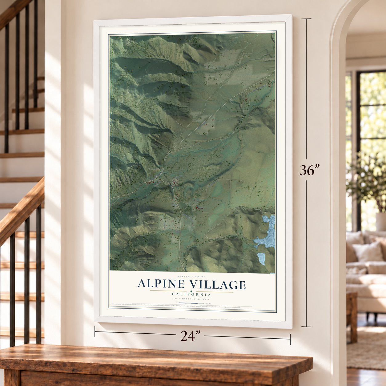 Alpine Village, California map, 24 x 36 inch print in a white frame by a staircase