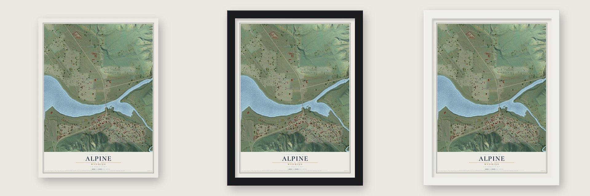 Alpine, Wyoming map unframed, in a black wood frame and in a white wood frame