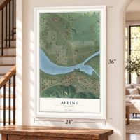Alpine, Wyoming map, 24 x 36 inch print in a white frame by a staircase