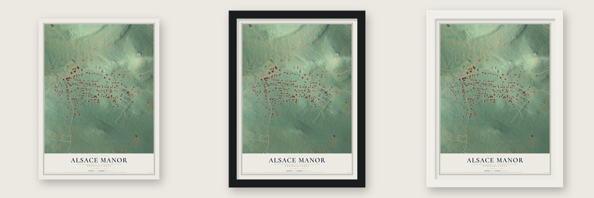 Alsace Manor, Pennsylvania map unframed, in a black wood frame and in a white wood frame