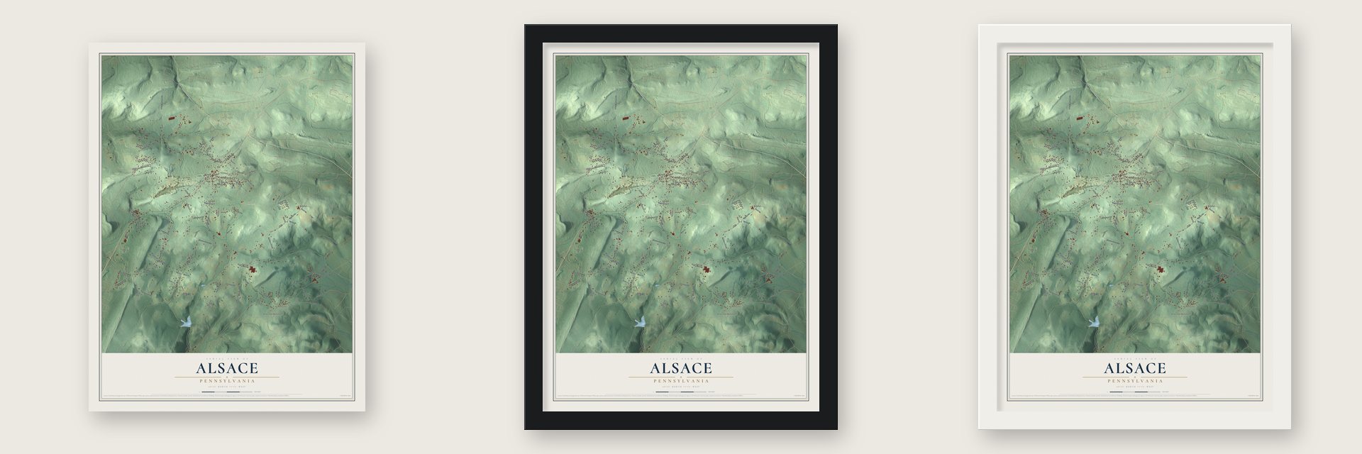 Alsace, Pennsylvania map unframed, in a black wood frame and in a white wood frame