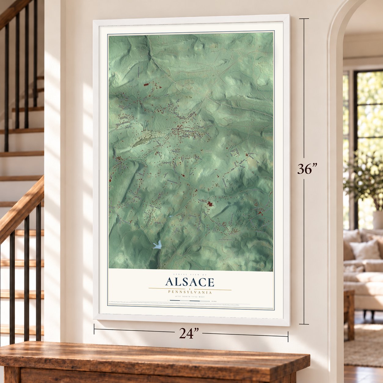 Alsace, Pennsylvania map, 24 x 36 inch print in a white frame by a staircase