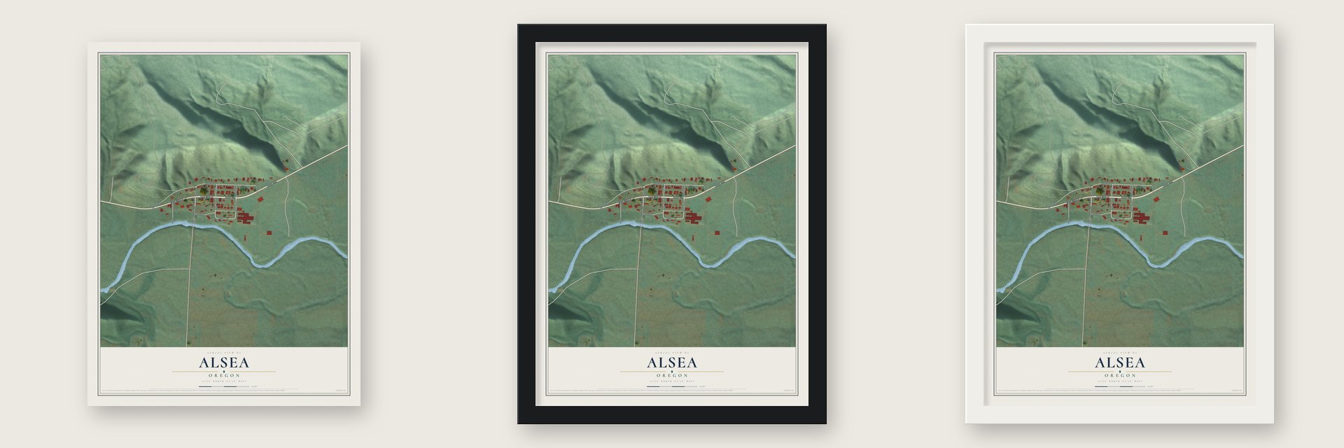 Alsea, Oregon map unframed, in a black wood frame and in a white wood frame