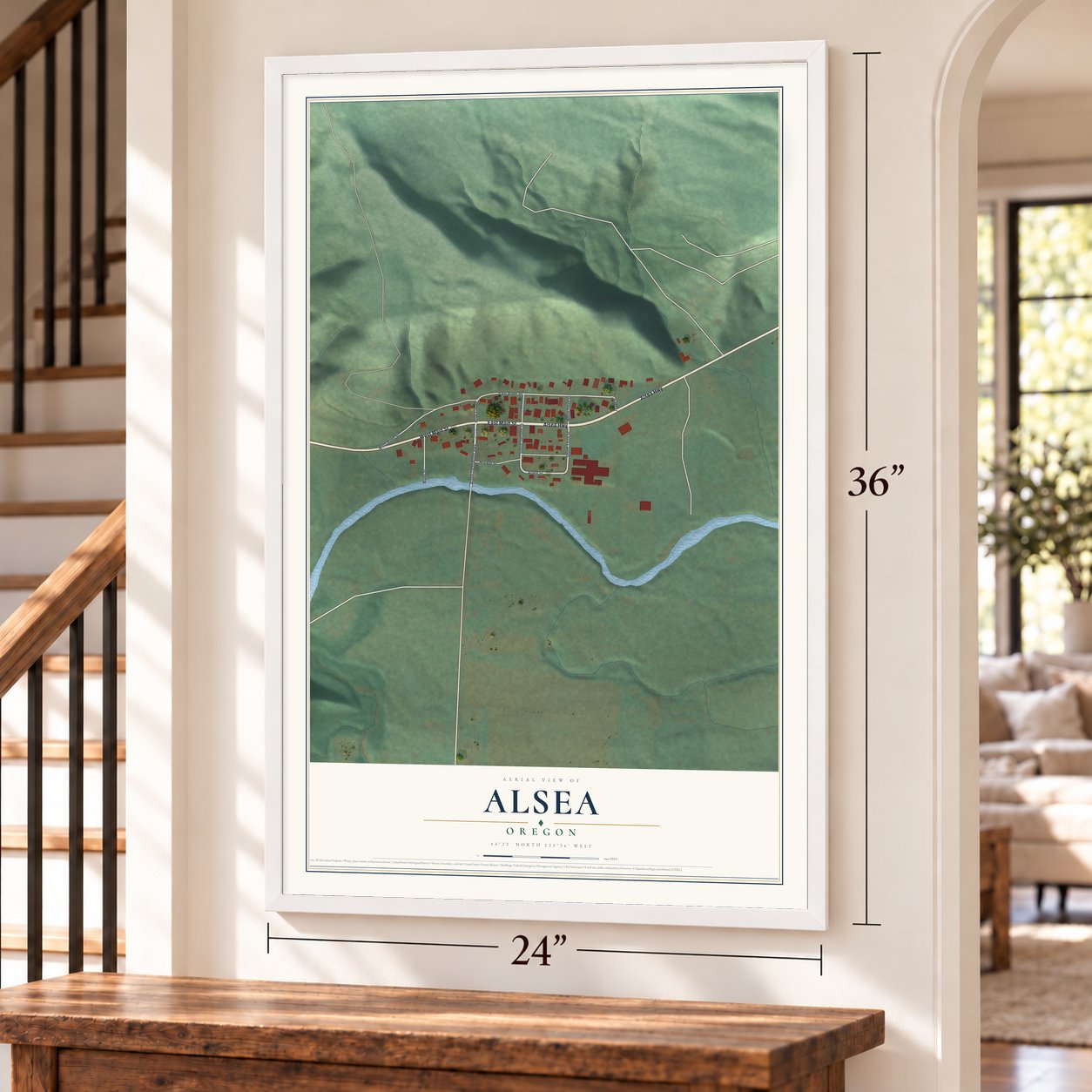 Alsea, Oregon map, 24 x 36 inch print in a white frame by a staircase