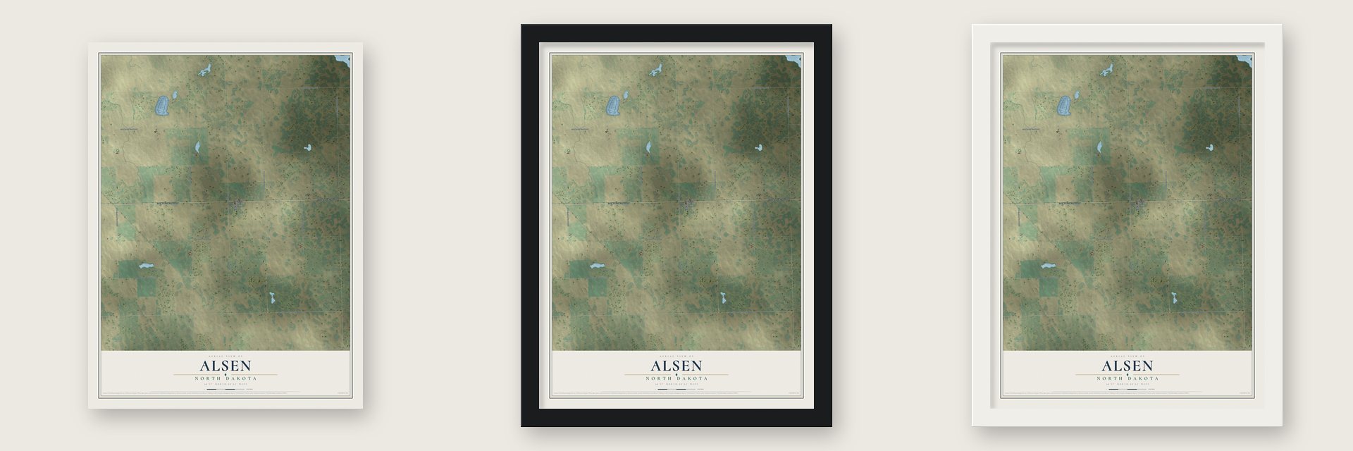 Alsen, North Dakota map unframed, in a black wood frame and in a white wood frame